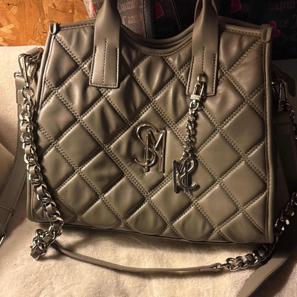 Olive gray color Quilted Leather Shoulder Bag with Chain Strap